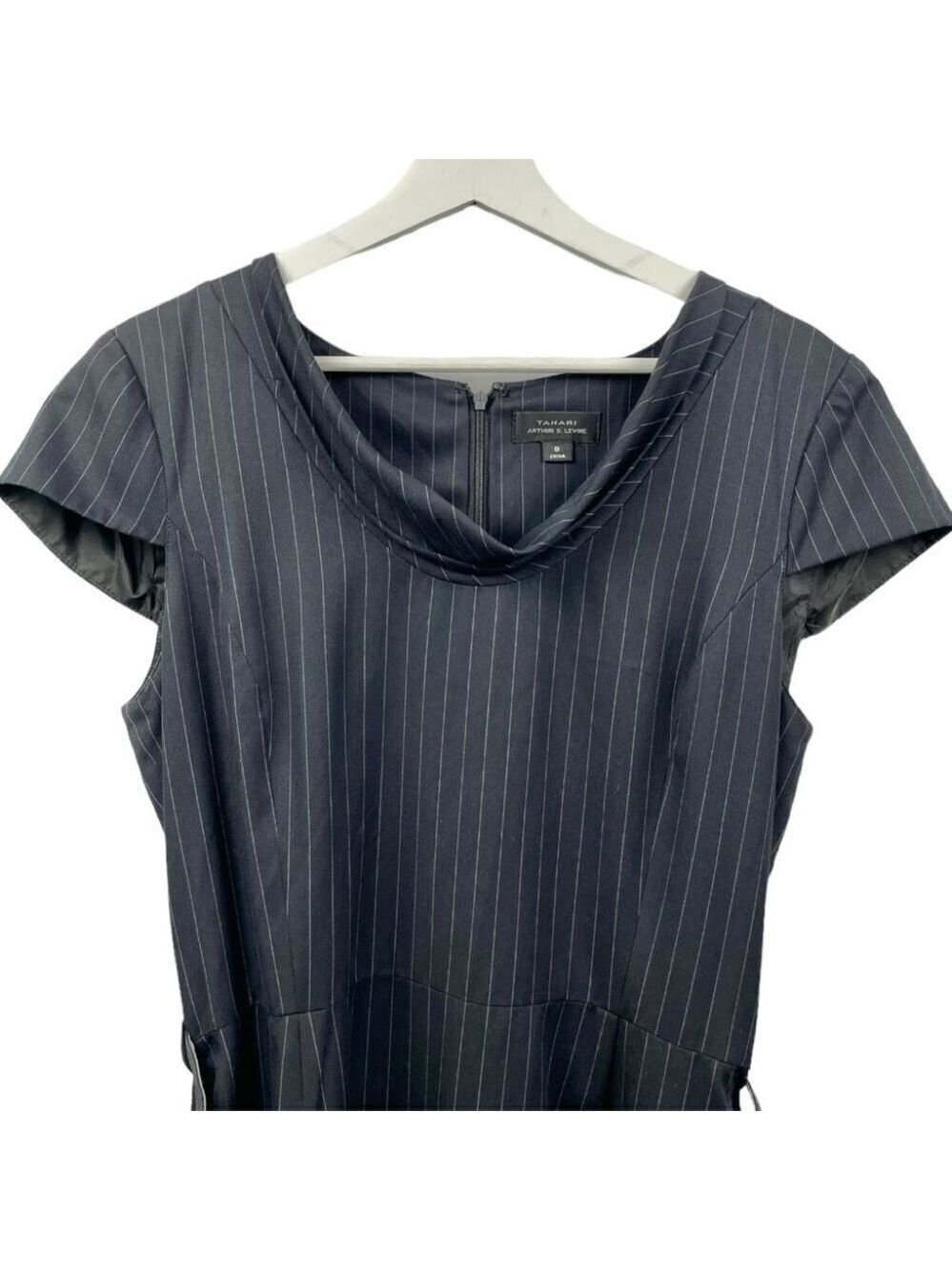 ** Tahari Navy Pinstriped Cowl Neck Cap Sleeve Pencil Suit Dress Size 8 - Picture 7 of 7